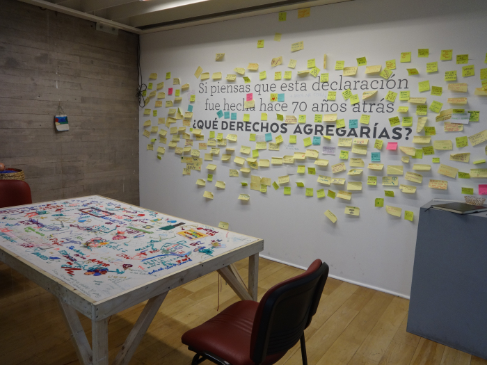 table in front of wall of post it notes